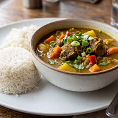 Angel's curry goat soup with white rice